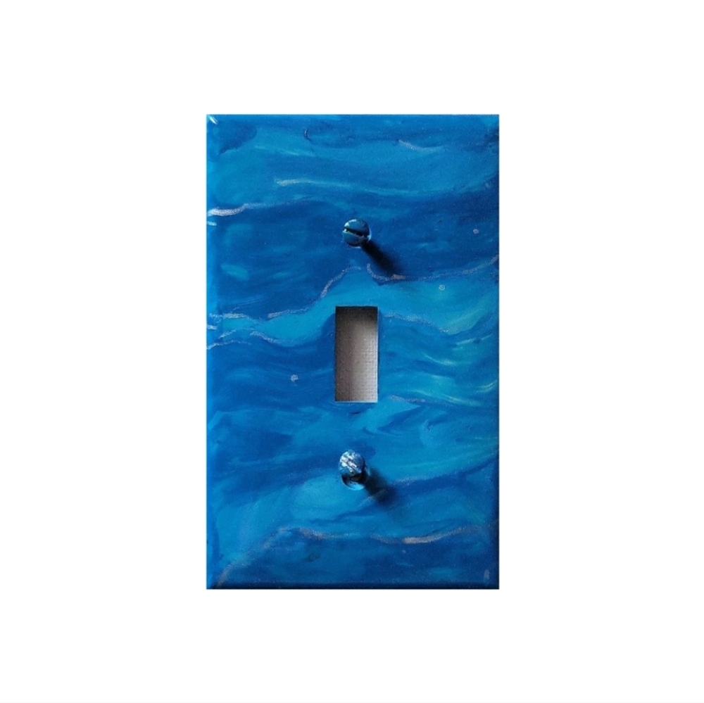 Hand Crafted Blue and Silver Abstract Design Single Light Switch Plate